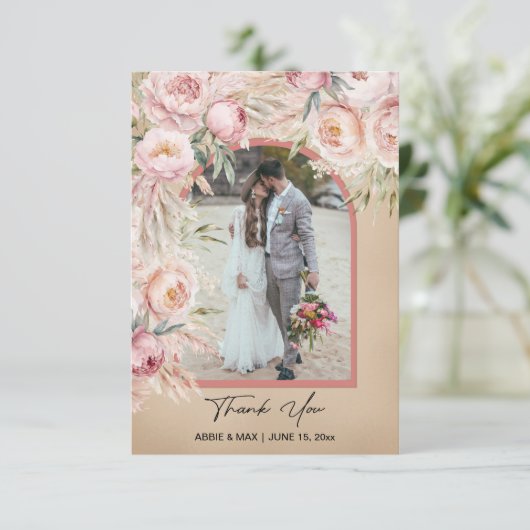 Boho Blush Terracotta Arch Photo Monogram Wedding  Bedankkaart (Staand voorkant)