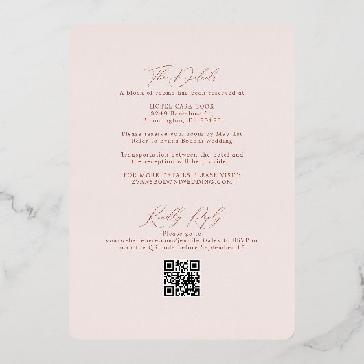 Boho Blush Terracotta met RSVP QR Code Weddenschap Folie Uitnodiging (Achterkant)