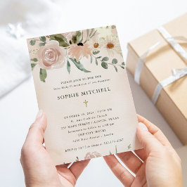Boho Blush Waterverf Flowers First Heilige Communi Kaart