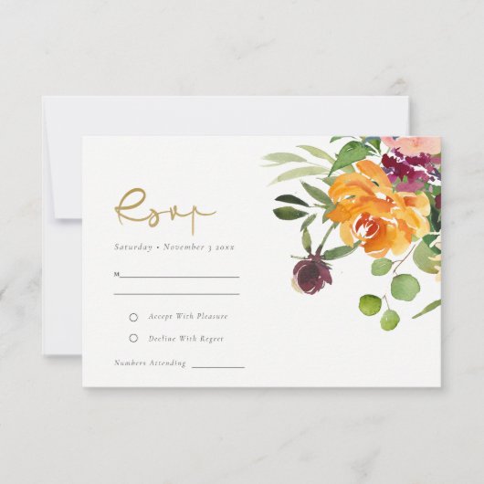 Boho Blush Yellow Sinaasappel Floral Wedding RSVP (Voorkant)