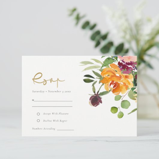Boho Blush Yellow Sinaasappel Floral Wedding RSVP Kaartje (Staand voorkant)