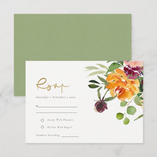 Boho Blush Yellow Sinaasappel Floral Wedding RSVP Kaartje (Voorkant / Achterkant)