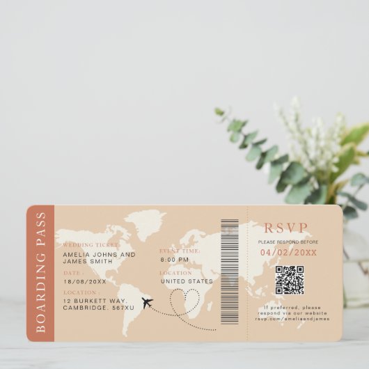 Boho Boarding Pass Bestemming bruiloft QR-code Kaart (Staand voorkant)