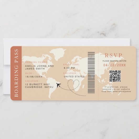 Boho Boarding Pass Bestemming bruiloft QR-code Kaart (Voorkant)