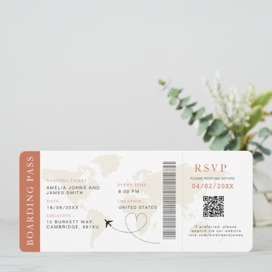 Boho Boarding Pass Bestemming bruiloft QR-code Kaart (Staand voorkant)
