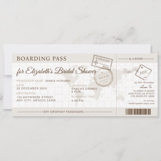 Boho Boarding Pass Bestemming Vrijgezellenfeest Kaart (Voorkant)