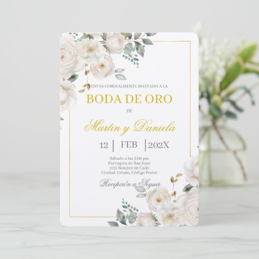 Boho boda de oro con flor blanca kaart (Staand voorkant)