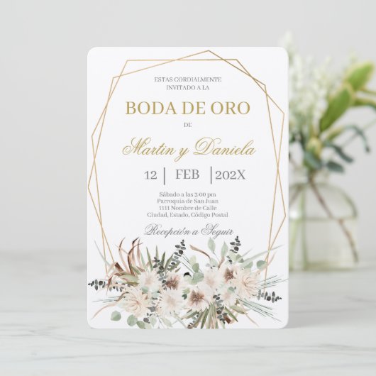 Boho boda de oro con flor blanca kaart (Staand voorkant)