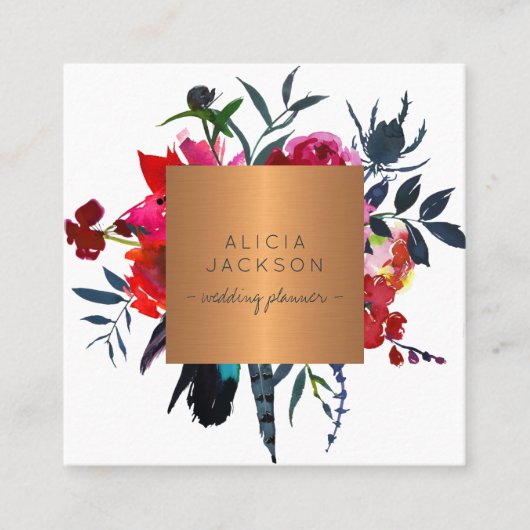Boho boeket koper gouden bruiloft planner vierkante visitekaartje (Voorkant)