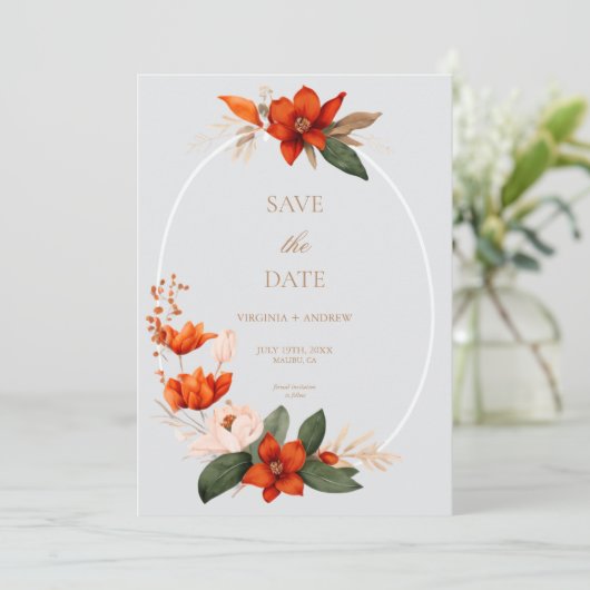 Boho boeket met vurige bloem Save The Date (Staand voorkant)