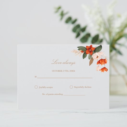 Boho boeket met vurige bloemen bruiloft RSVP kaartje (Staand voorkant)