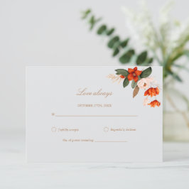Boho boeket met vurige bloemen bruiloft RSVP kaartje