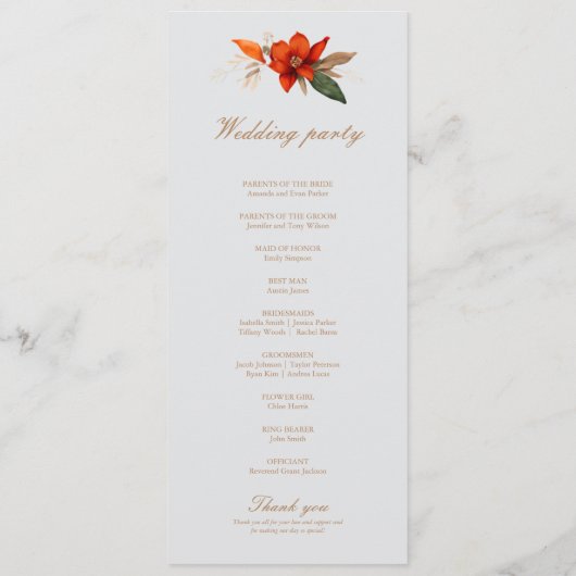 Boho boeket met vurige bloemen programmakaart (Achterkant)