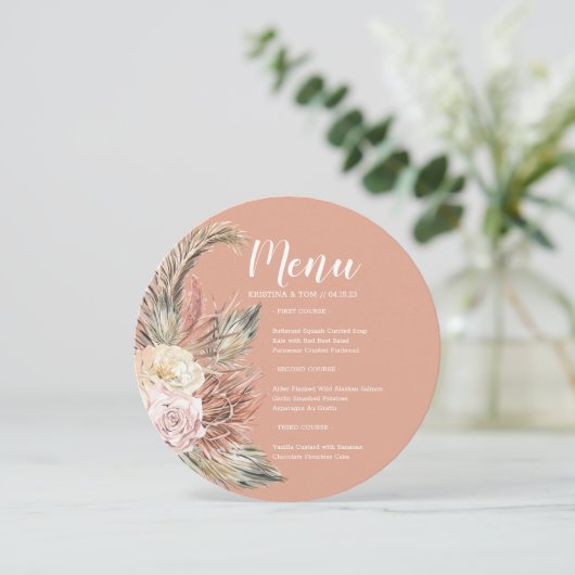 Boho Boeket Ronde Menu Uitnodiging (Staand voorkant)