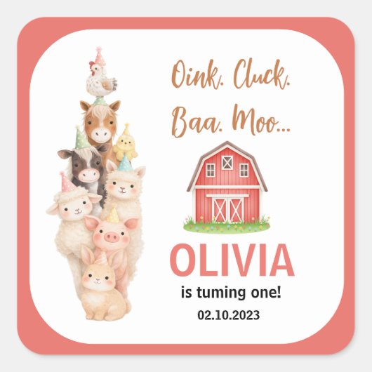 Boho Boerderij Dier 1e Verjaardag | Cute Rustieke  Vierkante Sticker (Voorkant)
