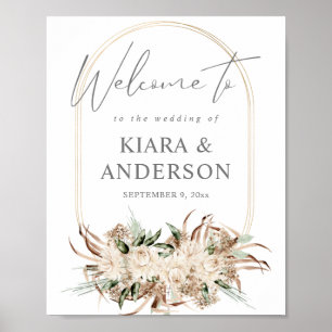Boho Boheem Beige Bloemen Welkomstbord Poster