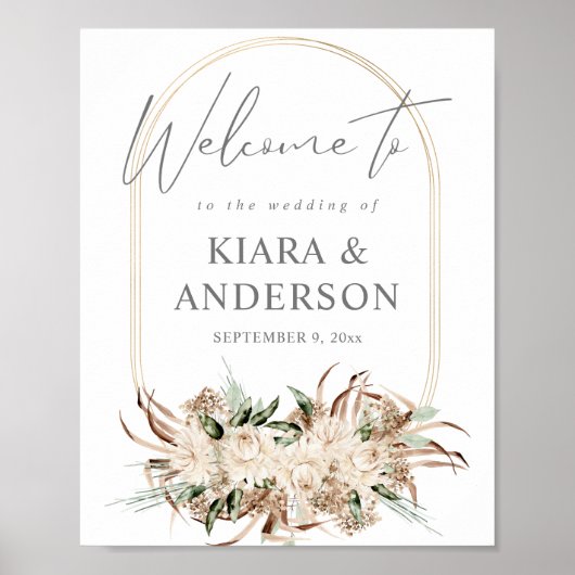 Boho Boheem Beige Bloemen Welkomstbord Poster (Voorkant)