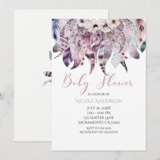 Boho Boheemse Baby Shower Uitnodigingen met Veren (Voorkant / Achterkant)