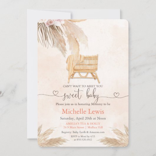 Boho Boheemse Pampas Baby Shower Uitnodiging (Voorkant)