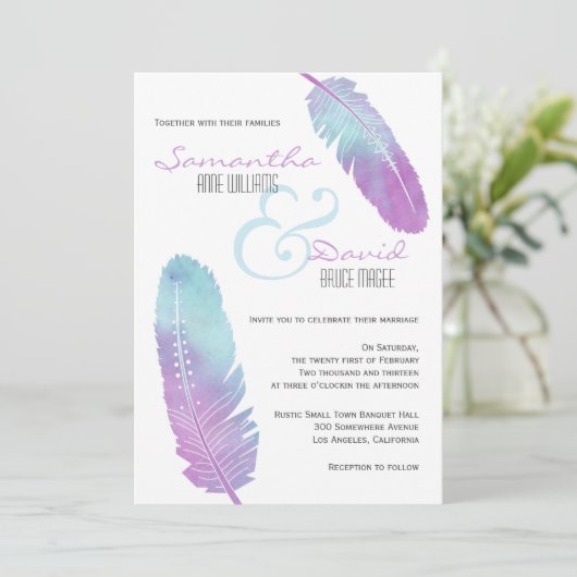 Boho Bohemian Feather bruiloft Paarse en blauw Kaart (Staand voorkant)
