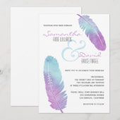 Boho Bohemian Feather bruiloft Paarse en blauw Kaart (Voorkant / Achterkant)