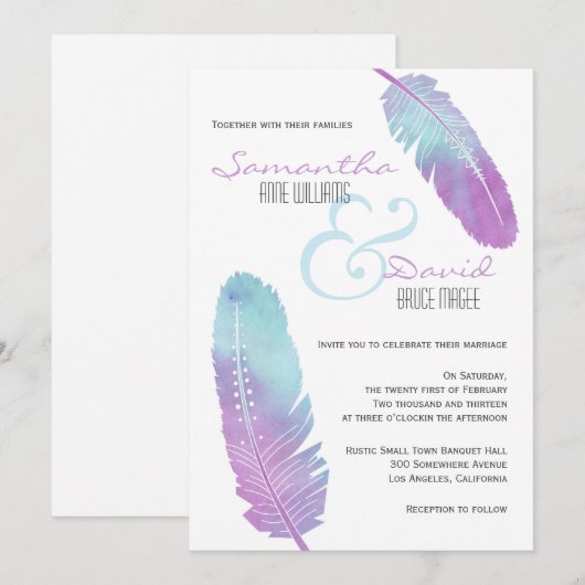 Boho Bohemian Feather bruiloft Paarse en blauw Kaart (Voorkant / Achterkant)