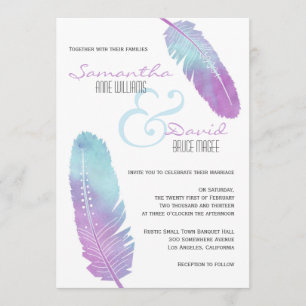 Boho Bohemian Feather bruiloft Paarse en blauw Kaart
