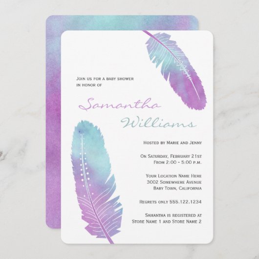 Boho Bohemian Feather Paars Baby shower Kaart (Voorkant / Achterkant)