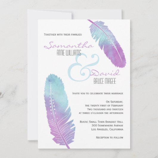 Boho Bohemian Feather Wedding Paars and Blue Kaart (Voorkant)
