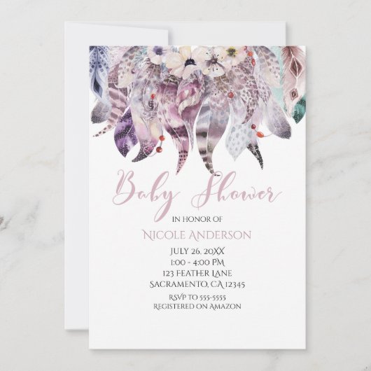 Boho Bohemian Feathers Baby Shower Uitnodigingen (Voorkant)