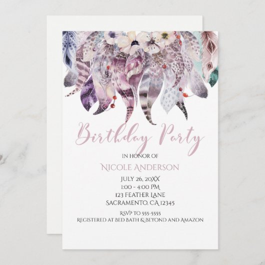 Boho Bohemian Feathers Verjaardagsfeestje Uitnodig Kaart (Voorkant / Achterkant)