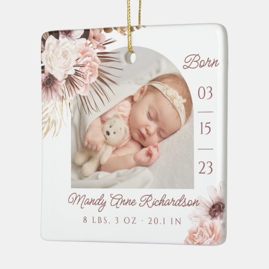 Boho Bohemian Pink Floral Baby Geboortestatistieke Keramisch Ornament (Links)