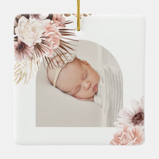 Boho Bohemian Pink Floral Baby Geboortestatistieke Keramisch Ornament (Achterkant)