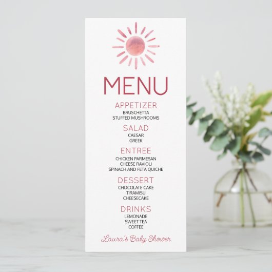Boho Bohemian Roze Zon Baby shower Voedsel Menu (Staand voorkant)
