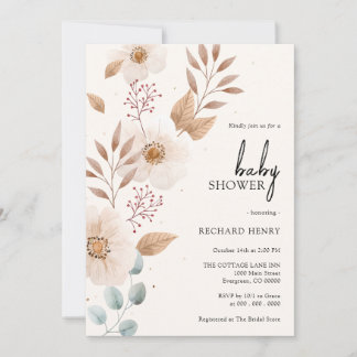 Boho Bohemian Rustic Floral Beige Girl Baby shower Kaart
