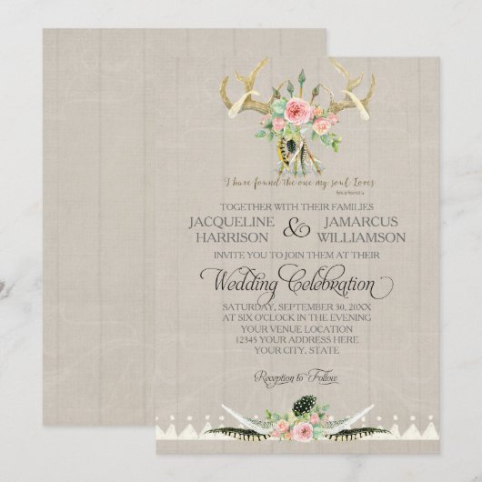 BOHO Bohemian Tribal Deer Antler Feathers Roos Art Kaart (Voorkant / Achterkant)