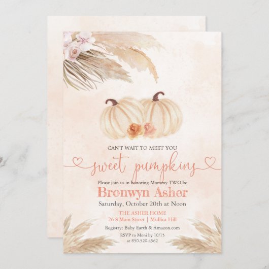 Boho Bohemian Twin Pumpkin Baby shower Uitnodiging (Voorkant / Achterkant)