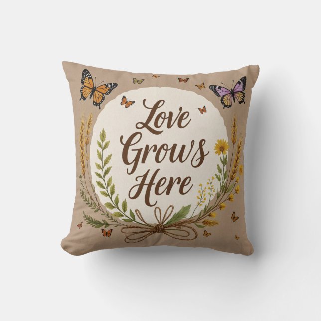 Boho Bohemian Wildflowers, vlinders, tarwe Kussen (Voorkant)