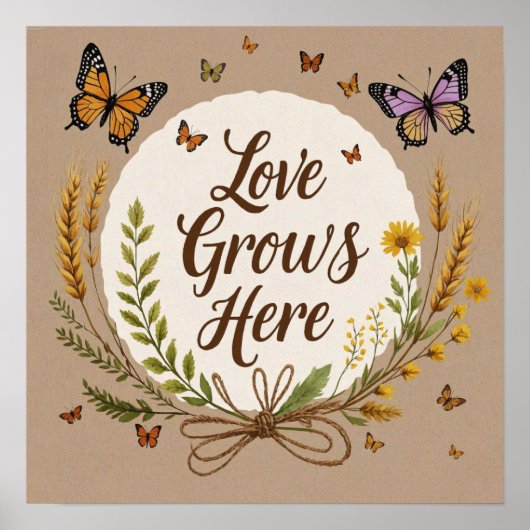 Boho Bohemian Wildflowers, vlinders, tarwe Poster (Voorkant)