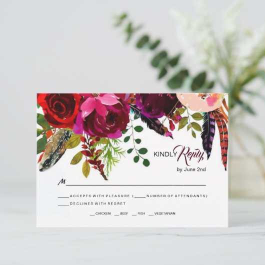 Boho Bold Bourgogne Bloemen Bruiloft RSVP (Staand voorkant)