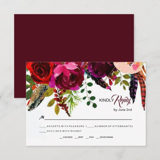 Boho Bold Bourgogne Bloemen Bruiloft RSVP Kaartje (Voorkant / Achterkant)