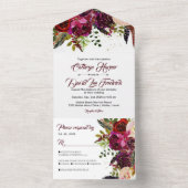 Boho Bold Bourgondië & Goud Bloemen Huwelijk All In One Uitnodiging (Binnen)