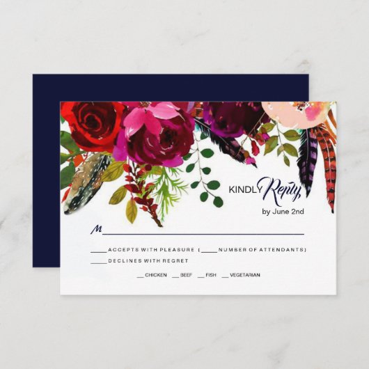 Boho Bold Bourgondië Navy Bloemen Huwelijk RSVP (Voorkant / Achterkant)