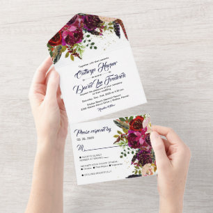 Boho Bold Bourgondië Navy Floral Wedding All In One Uitnodiging