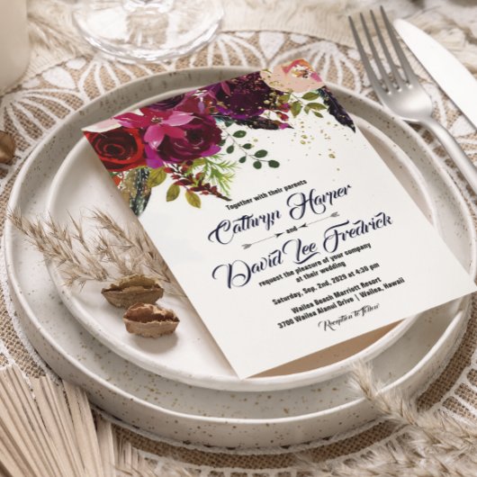 Boho Bold Burgundy Floral Wedding Kaart