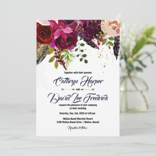 Boho Bold Burgundy Floral Wedding Kaart (Staand voorkant)
