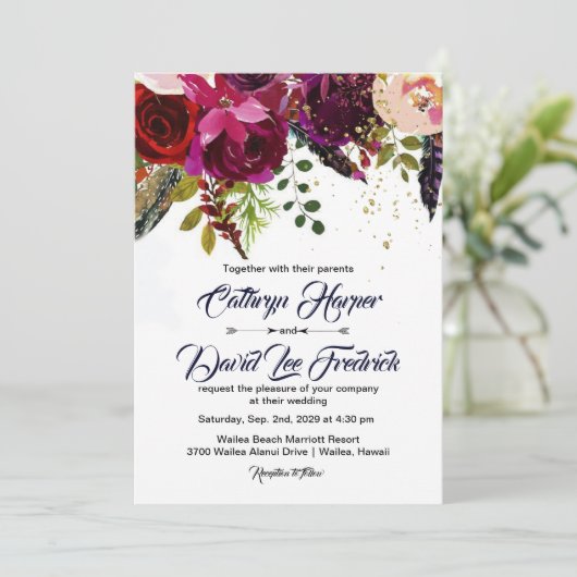 Boho Bold Burgundy Navy Floral Wedding Invitation Kaart (Staand voorkant)