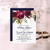 Boho Bold Burgundy Navy Floral Wedding Invitation Kaart