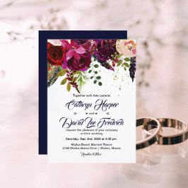 Boho Bold Burgundy Navy Floral Wedding Invitation Kaart