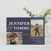 Boho bold namen 3 foto's bruiloft blauw kaart (Staand voorkant)